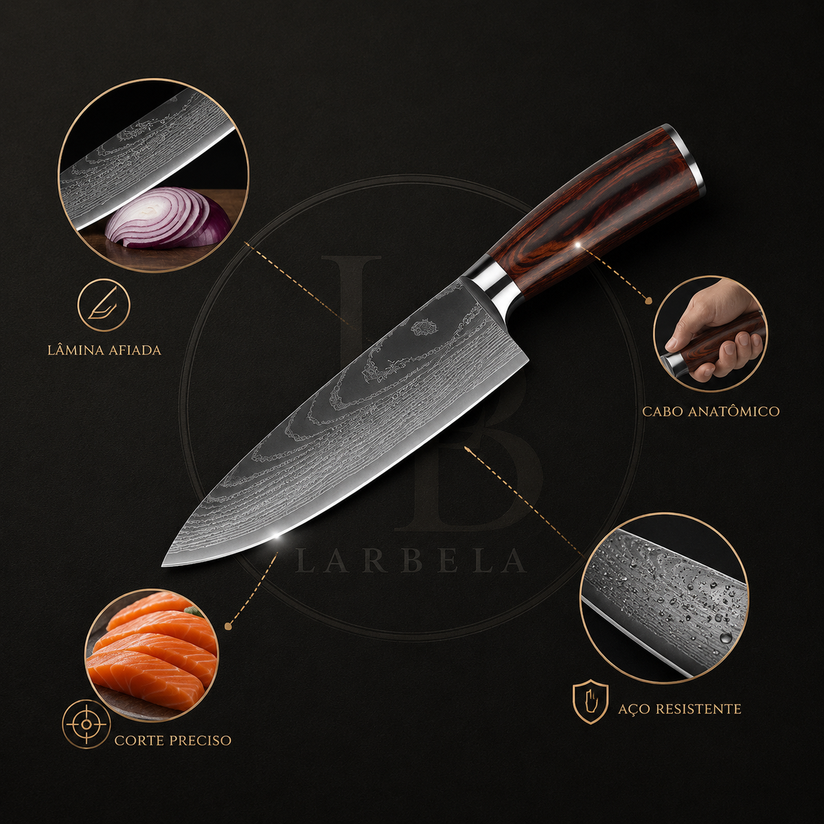 Faca Chef em Aço Damasco EdgeMaster | Larbela